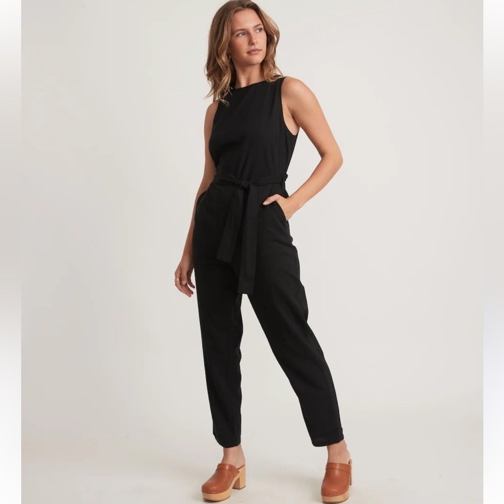 Marine Layer‎ Eloise Belted Cotton Jumpsuit in Black Size Medium